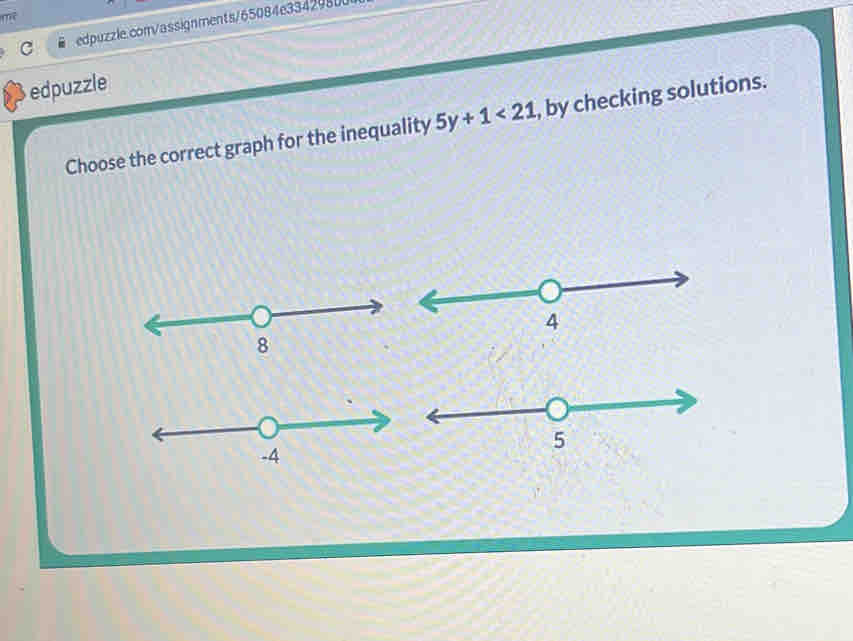 edpuzzle 
Choose the correct graph for the inequality 5y+1<21</tex> , by checking solutions.