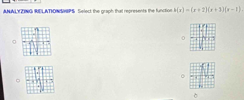 ANALYZING RELATIONSHIPS Select the graph that represents the function h(x)=(x+2)(x+3)(x-1).