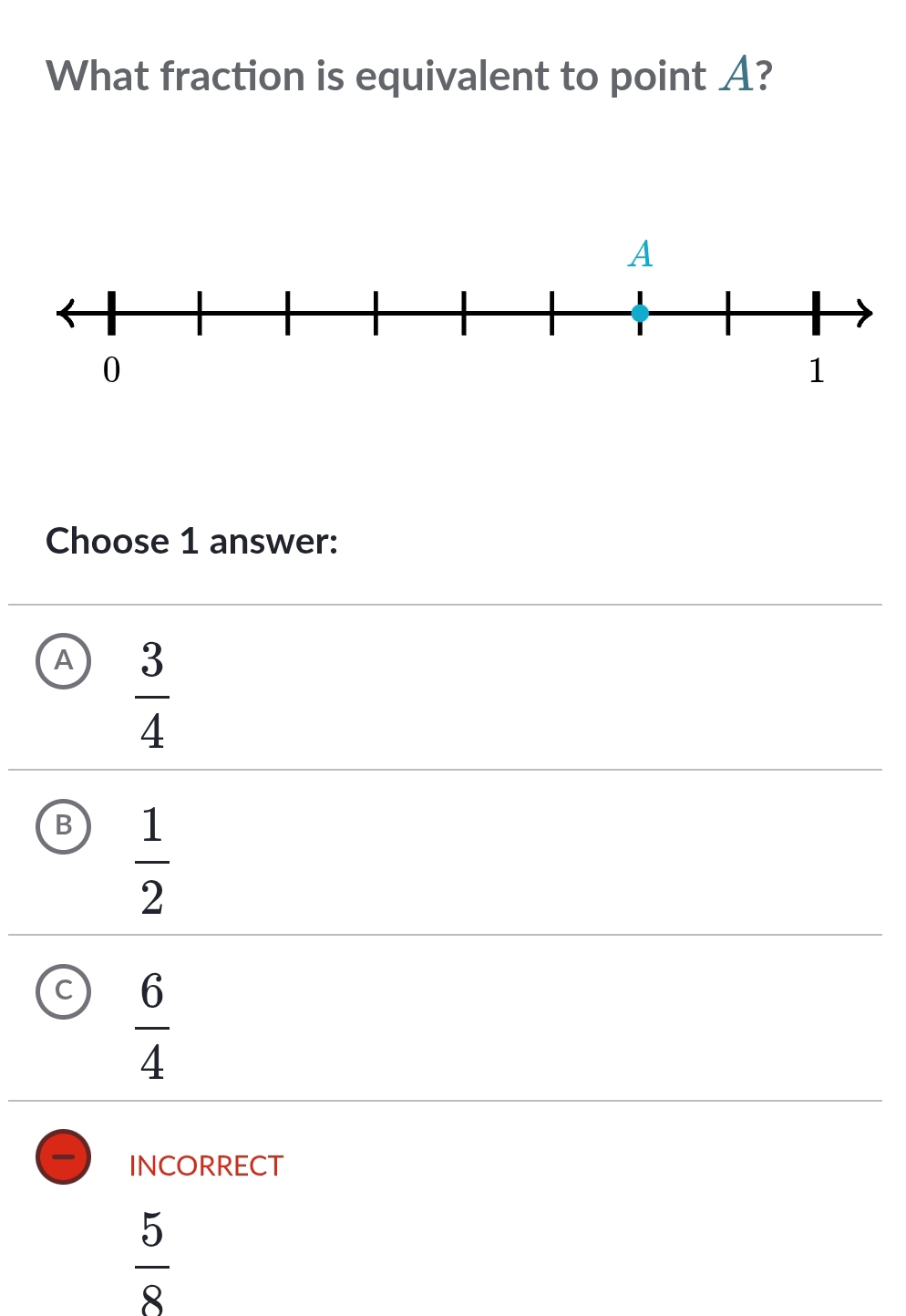 What fraction is equivalent to point A?
Choose 1 answer:
A  3/4 
B  1/2 
c  6/4 
INCORRECT
 5/8 