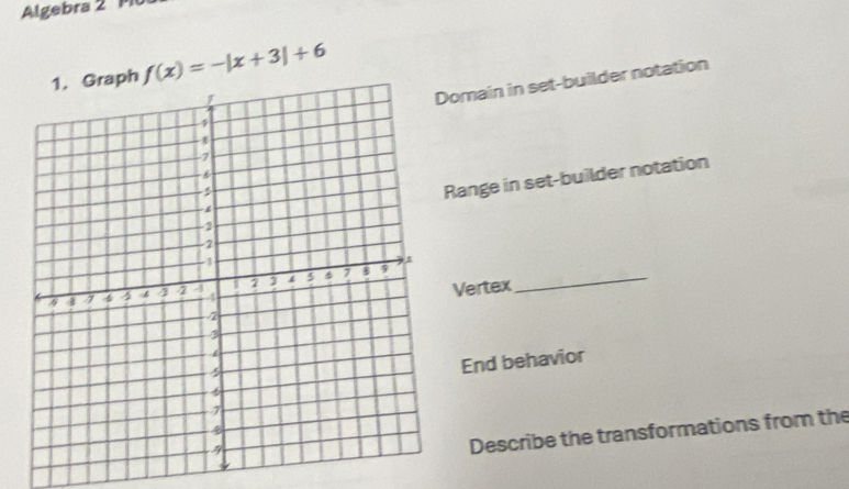 Algebra 2 M 
h f(x)=-|x+3|+6
Domain in set-builder notation 
ange in set-builder notation 
Vertex 
_ 
End behavior 
Describe the transformations from the