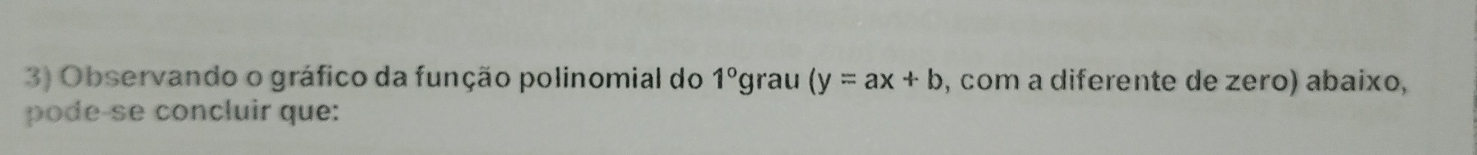 Observando o gráfico da função polinomial do 1° grau (y=ax+b , com a diferente de zero) abaixo, 
pode-se concluir que: