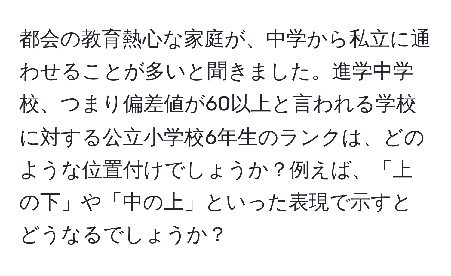 都会の教育熱心な家庭が、中学から私立に通わせることが多いと聞きました。進学中学校、つまり偏差値が60以上と言われる学校に対する公立小学校6年生のランクは、どのような位置付けでしょうか？例えば、「上の下」や「中の上」といった表現で示すとどうなるでしょうか？