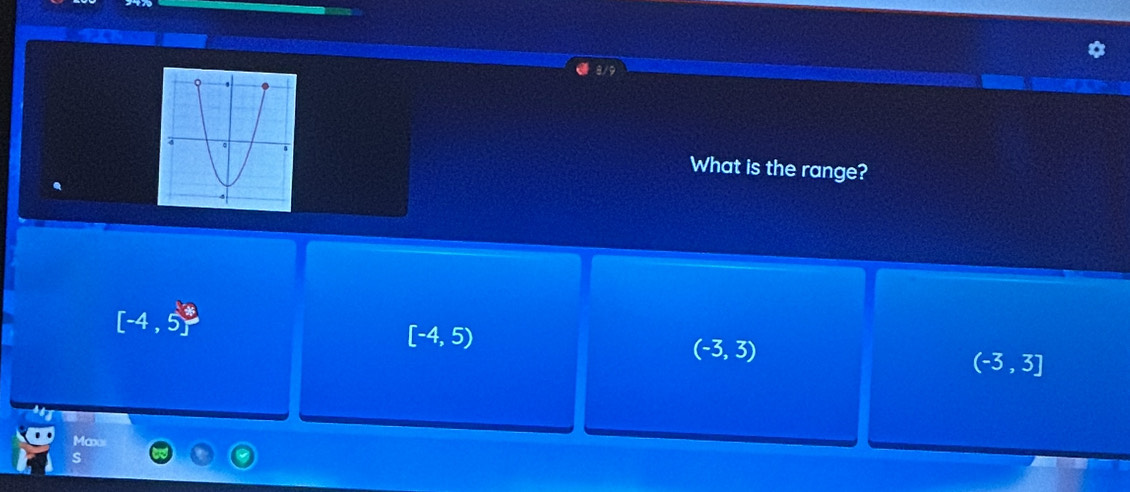 What is the range?
[-4,5]^3
[-4,5)
(-3,3)
(-3,3]
Maxx