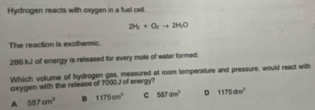 Solved: Hydrogen reacts with oxygen in a fuel cell. 2H_2+O_2to 2H_2O ...