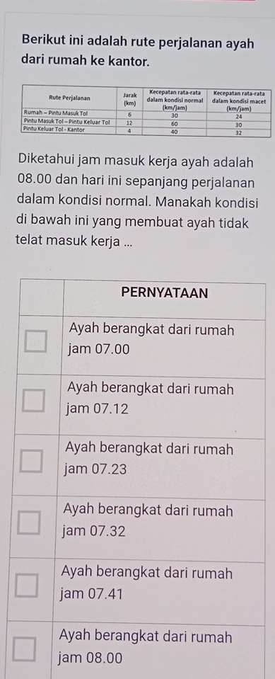 Berikut ini adalah rute perjalanan ayah 
dari rumah ke kantor. 
Diketahui jam masuk kerja ayah adalah
08.00 dan hari ini sepanjang perjalanan 
dalam kondisi normal. Manakah kondisi 
di bawah ini yang membuat ayah tidak 
telat masuk kerja ... 
jam 08.00