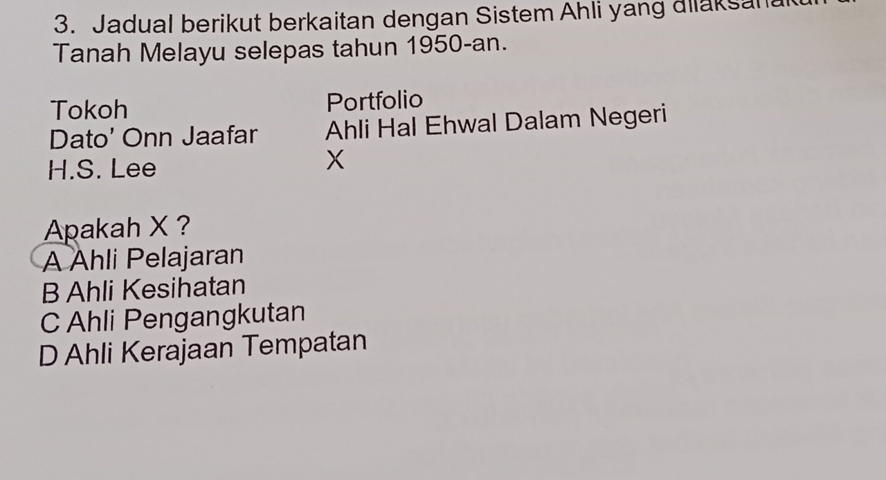 Jadual berikut berkaitan dengan Sistem Ahli yang dilaksan
Tanah Melayu selepas tahun 1950-an.
Tokoh Portfolio
Dato' Onn Jaafar Ahli Hal Ehwal Dalam Negeri
H.S. Lee
X
Apakah X ?
A Ahli Pelajaran
B Ahli Kesihatan
C Ahli Pengangkutan
D Ahli Kerajaan Tempatan