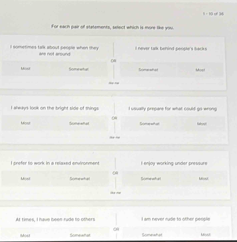 Solved: 1 - 10 of 36 For each pair of statements, select which is more ...