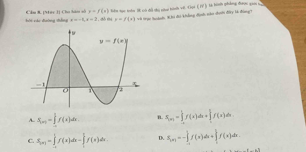 [Mức 2] Cho hàm số y=f(x) liên tục trên R có đồ thị như hình vẽ. Gọi (H) là hình phẳng được giới hạ
bởi các đường thẳng x=-1,x=2 , đồ thị y=f(x) và trục hoành. Khi đó khẳng định nào dưới đây là đùng?
A. S_(H)=∈tlimits _(-1)^2f(x)dx.
B. S_(H)=∈tlimits _(-1)^1f(x)dx+∈tlimits _1^(2f(x)dx.
C. S_(H))=∈tlimits _(-1)^1f(x)dx-∈tlimits _1^(2f(x)dx.
D. S_(H))=-∈tlimits _(-1)^1f(x)dx+∈tlimits _1^2f(x)dx.
11