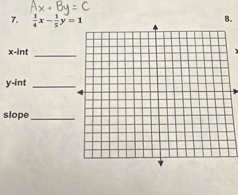  1/4 x- 1/5 y=1
8.
x -int 
_
y -int_ 
slope_