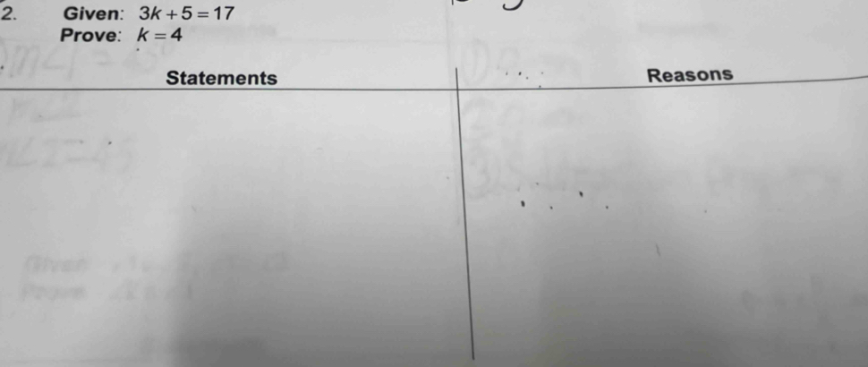 Given: 3k+5=17
Prove: k=4