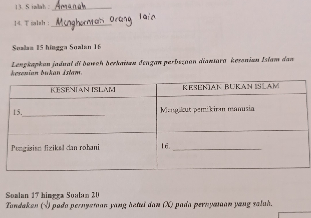 ialah :_ 
14. T ialah :_ 
Soalan 15 hingga Soalan 16
Lengkapkan jadual di bawah berkaitan dengan perbezaan diantara kesenian Islam dan 
kesenian bukan Islam. 
Soalan 17 hingga Soalan 20
Tandakan (√) pada pernyataan yang betul dan (X) pada pernyataan yang salah.