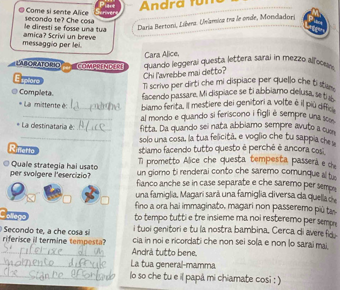 iace Andra füm  
Come si sente Alice crivere
M
secondo te? Che cosa
le diresti se fosse una tua Daria Bertoni, Libera. Un'amica tra le onde, Mondadori Piace
eggere
amica? Scrivi un breve
messaggio per lei.
Cara Alice,
LABORATORIO COMPRENDErE quando leggerai questa lettera sarai in mezzo all’oceano
Chi l'avrebbe mai detto?
E sploro
Ti scrivo per dirti che mi dispiace per quello che ti stiamo
Completa.
facendo passare. Mi dispiace se ti abbiamo delusa, se ti ab
La mittente è:_
biamo ferita. Il mestiere dei genitori a volte è il più difficile
_al mondo e quando si feriscono i figli è sempre una scon 
La destinataria è: _fitta. Da quando sei nata abbiamo sempre avuto a cuore
_solo una cosa, la tua felicità, e voglio che tu sappia che s
Rifletto stiamo facendo tutto questo è perché è ancora cosi.
Quale strategia hai usato Ti prometto Alice che questa tempesta passerã e che
per svolgere l’esercizio? un giorno ti renderai conto che saremo comunque al two
fianco anche se in case separate e che saremo per sempr
una famiglia. Magari sarà una famiglia diversa da quella che
fino a ora hai immaginato, magari non passeremo più tan-
Collego to tempo tutti e tre insieme ma noi resteremo per sempre
Secondo te, a che cosa si i tuoi genitori e tu la nostra bambina. Cerca di avere f
riferisce il termine tempesta? cia in noi e ricordati che non sei sola e non lo sarai mai,
_Andrà tutto bene.
_La tua general-mamma
_lo so che tu e il papà mi chiamate cosi : )