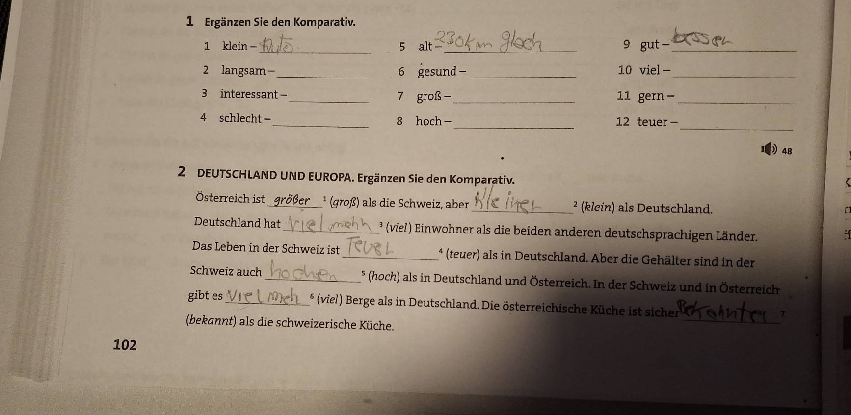 Ergänzen Sie den Komparativ. 
_ 
1 klein - 5 alt _ 9 gut —_ 
2 langsam -_ 6 gesund - _ 10 viel -_ 
3 interessant _ 7 groß -_ 11 gern -_ 
_ 
4 schlecht - _ 8 hoch - 12 teuer- 
_ 
 48
2 DEUTSCHLAND UND EUROPA. Ergänzen Sie den Komparativ. 
Österreich ist größer ¹ (groß) als die Schweiz, aber _² (klein) als Deutschland. 
D 
Deutschland hat _³ (viel) Einwohner als die beiden anderen deutschsprachigen Länder. 
a 
Das Leben in der Schweiz ist_ ª (teuer) als in Deutschland. Aber die Gehälter sind in der 
Schweiz auch _ 5 (hoch) als in Deutschland und Österreich. In der Schweiz und in Österreich 
_ 
gibt es _* (viel) Berge als in Deutschland. Die österreichische Küche ist sicher 
7 
(bekannt) als die schweizerische Küche. 
102