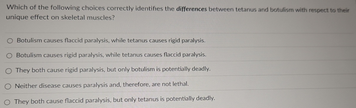 Which of the following choices correctly identifies the differences between tetanus and botulism with respect to their
unique effect on skeletal muscles?
Botulism causes flaccid paralysis, while tetanus causes rigid paralysis.
Botulism causes rigid paralysis, while tetanus causes flaccid paralysis.
They both cause rigid paralysis, but only botulism is potentially deadly.
Neither disease causes paralysis and, therefore, are not lethal.
They both cause flaccid paralysis, but only tetanus is potentially deadly.