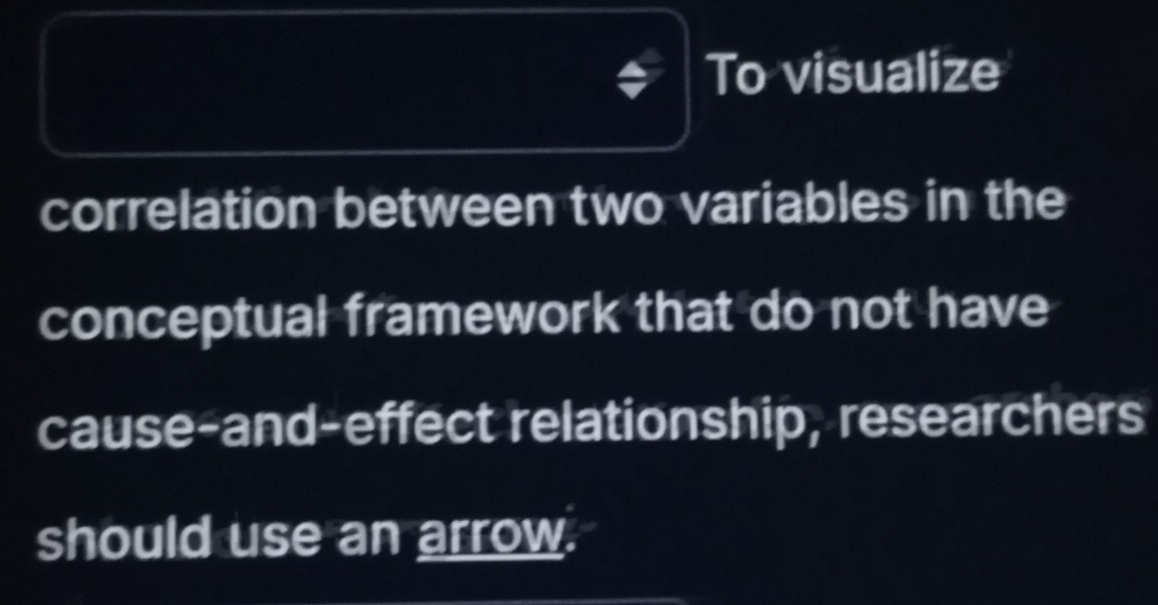 To visualize 
correlation between two variables in the 
conceptual framework that do not have 
cause-and-effect relationship, researchers 
should use an arrow.