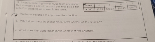 Trish is ordering travel mugs from a website 
that charges a certain amount per mug plus a fla 
rate for shipping as shown in the table. 
Write an equation to represent the situation. 
b. What does the y-intercept mean in the context of the situation? 
c. What does the slope mean in the context of the situation?