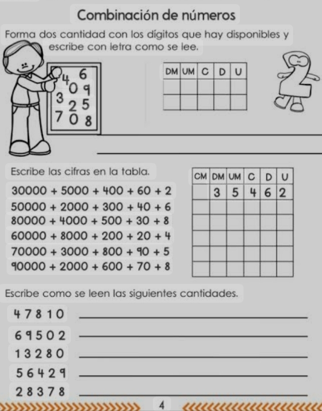 Combinación de números 
Forma dos cantidad con los dígitos que hay disponibles y 
escribe con letra como se lee.
4 6
a 9
3 5
2
7 8
_ 
_ 
Escribe las cifras en la tabla.
30000+5000+400+60+2
50000+2000+300+40+6
80000+4000+500+30+8
60000+8000+200+20+4
70000+3000+800+90+5
90000+2000+600+70+8
Escribe como se leen las siguientes cantidades.
4 78 10 _
69 5 0 2 _
1 3 2 8 0 _
5 6 4 2 9 _
2 8 3 7 8 _