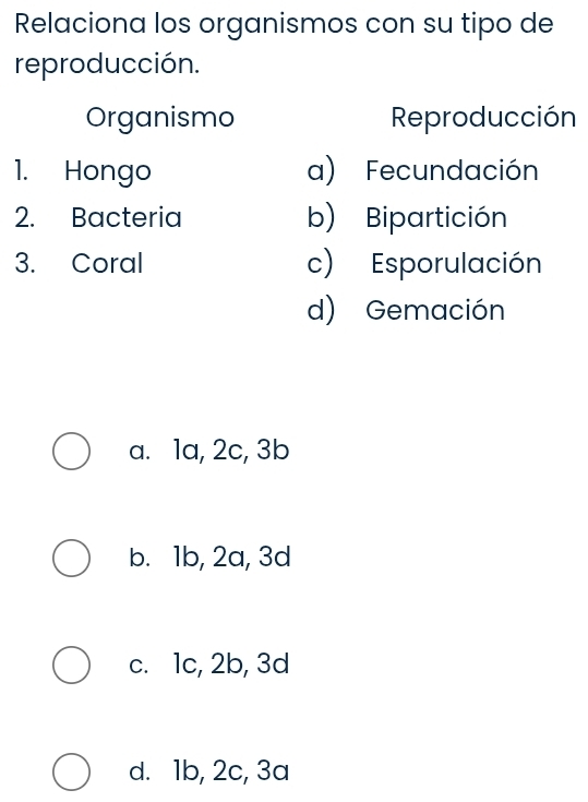 Relaciona los organismos con su tipo de
reproducción.
Organismo Reproducción
1. Hongo a) Fecundación
2. Bacteria b) Bipartición
3. Coral c) Esporulación
d) Gemación
a. 1a, 2c, 3b
b. 1b, 2a, 3d
c. 1c, 2b, 3d
d. 1b, 2c, 3a