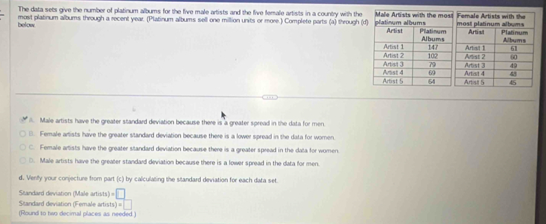 The data sets give the number of platinum albums for the five male artists and the five female artists in a country with the
most platinum albums through a recent year. (Platinum albums sell one million units or more.) Complete parts (a) through (d
below.
A. Male artists have the greater standard deviation because there is a greater spread in the data for men.
B. Female artists have the greater standard deviation because there is a lower spread in the data for women.
C. Female artists have the greater standard deviation because there is a greater spread in the data for women
D. Male artists have the greater standard deviation because there is a lower spread in the data for men.
d. Venfy your conjecture from part (c) by calculating the standard deviation for each data set.
Standard deviation (Male artists) =□
Standard deviation (Female artists )=□
(Round to two decimal places as needed.)