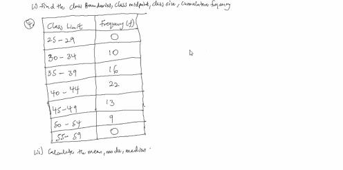 find the class gom derins, class midpint, class size, Cnnultov foy anny 
④ 
lil Gloulege th mean, mode, median?