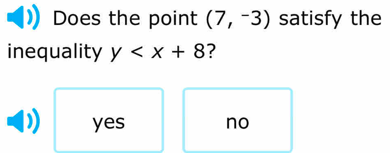 Does the point (7,-3) satisfy the
inequality y ?
yes no