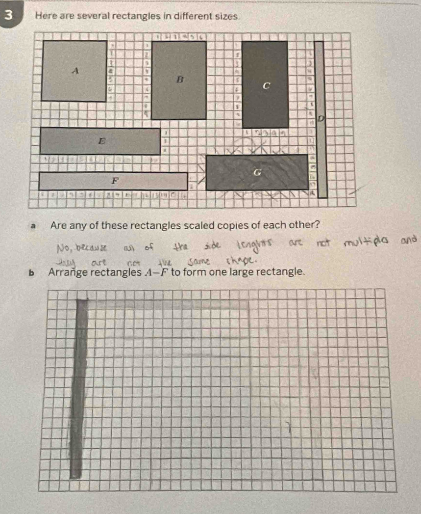 Here are several rectangles in different sizes. 
a Are any of these rectangles scaled copies of each other? 
B Arrange rectangles A-F to form one large rectangle.