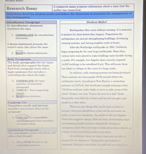 Research Essay suthor has researched. A research essay presents information about a topic that the
Directions: Read the student model and follow the directions to annotate the components of
the writing place.
Introductory Paragraph Student Model
An introductory statement
introduces the topic. Earthquakes often come without warning. It is essential
1. UNDERLINE the introductory to prepare for them before they happen. Preparation for
ato tement . earthquakes can include strengthening buildings, devoloping
A thesis staterent presents the warning systems, and having supplies ready at home.
writer's main idea about the issue. After the Northridge earthquake in 1994, Californis
9 BOX the thess statement. began preparing for the next large earthquake. Since then,
various laws were placed to make buildings more durable during
ody Paragraphs
The body paragraphs cite key topics a quake. For example, Los Angeles alone recently required
and details that support the thesis 14.000 buildings to be retrofitted (Lah). This will make them
Each body paragraph starts with a less likely to collapse in the event of a large quake.
tople sentence that includes a In addition, early warning systems are being developed.
controlling idea about the topie. These systems can warn people 30-60 seconds before the
3. UNDERLINE the topic earthquake starts. Arcording to Tom Heaton, a seismology
sentence of each body
paragraph profemur at CalToch, this would give enough warning so that
4. CHECK / four supporting *Children could get under deaks or move to safer areas of the
5. BOX three citations. dotaila
school: Surgery can stop, Trains can come to a halt' (Lah).
Essentially, that little but of time could be just enough to get
Lançuage Use people to a safer place.
Transition words and phrases
introduce and connect ideas in the There are also things that can be done at home to
paragraph prepare. Everyone should have a first aid kit and water set
sside in cass of an emergency. An article in the Los Angeles
6. CIRCLE live transition Times also suggests taking a first aid class, downloading maps,
words/phrases that introduce
or connect ideas. and keeping portable batteriss charped (I). During an
Concluding Paragraph emergency, there often isn't time to think about these details, so
The conclusion restates the thesis and it helps to have everything ready in one place
adde a final thought. In conclusion, there are many steps you can take to
prepare for an emorgency. Tuking these precautions is
? Put a STAR * next to the important. Develop a plan today. It could end up saving lives
concluding sentence.