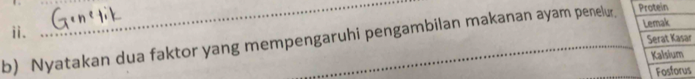 ⅱ. 
b) Nyatakan dua faktor yang mempengaruhi pengambilan makanan ayam penelur.
r
s