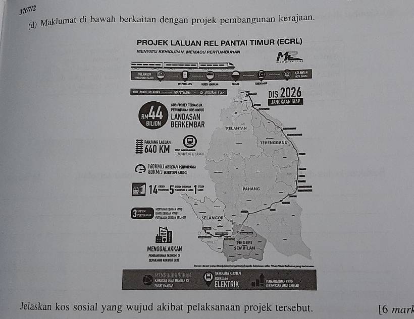 3767/2
(d) Maklumat di bawah berkaitan dengan projek pembangunan kerajaan.
Jelaskan kos sosial yang wujud akibat pelaksanaan projek tersebut. [6 mark