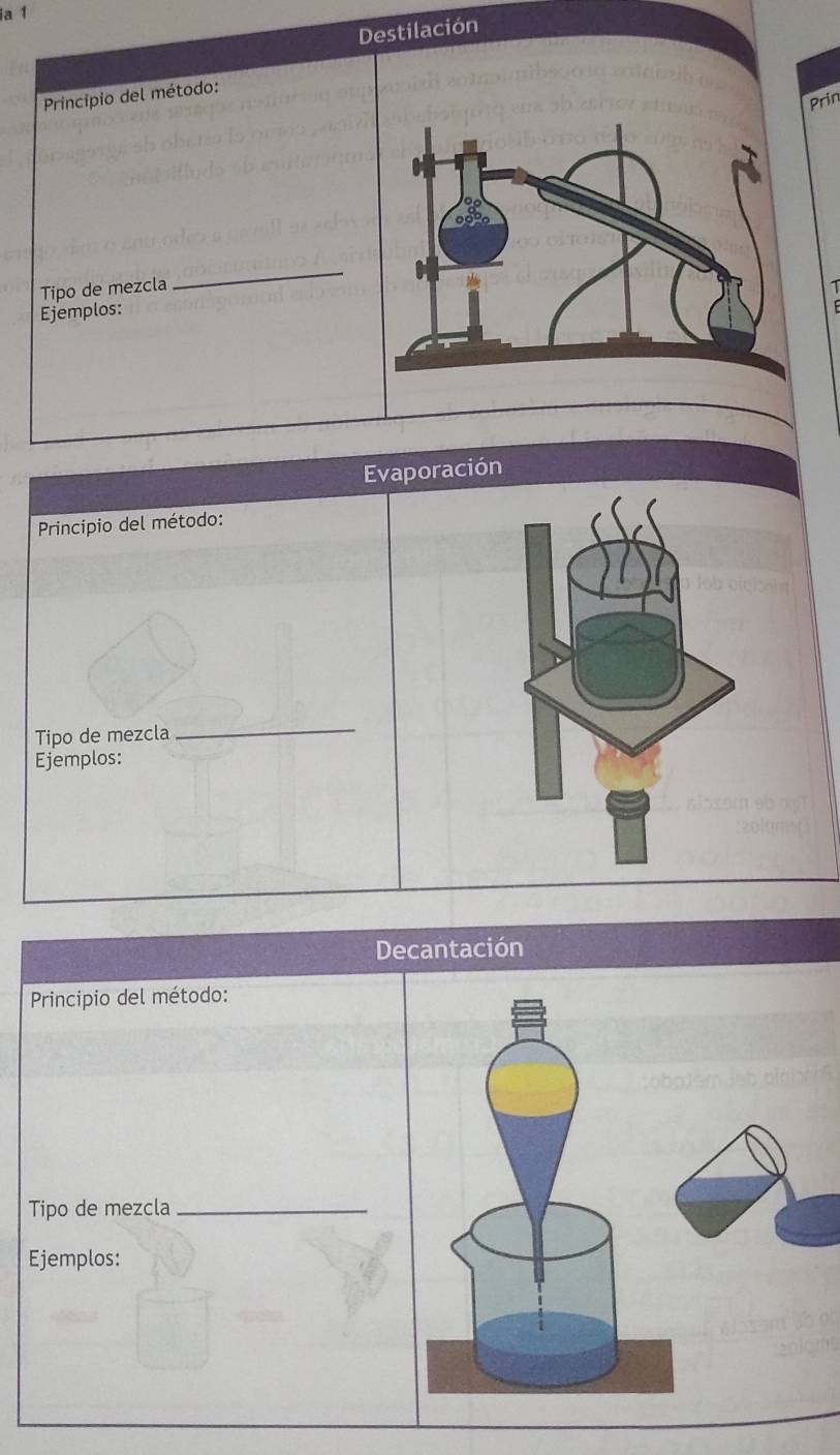 ia 1 
D 
Principio del método: 
Prin 
_ 
Tipo de mezcla 1 
Ejemplos: 
F 
Evaporación 
Principio del método: 
Tipo de mezcla 
_ 
Ejemplos: 
Decantación 
Principio del método: 
Tipo de mezcla_ 
Ejemplos: