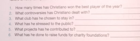 How many times has Christiano won the best player of the year?_ 
2. What controversies has Christiano dealt with?_ 
3. What club has he chosen to stay in?_ 
4. What has he stressed to the public?_ 
5. What projects has he contributed to?_ 
6. What has he done to raise funds for charity foundations?_