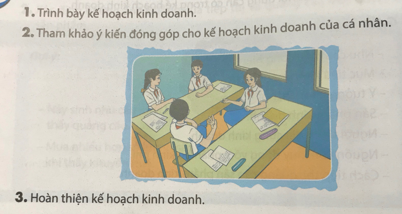 Trình bày kế hoạch kinh doanh. 
2. Tham khảo ý kiến đóng góp cho kế hoạch kinh doanh của cá nhân. 
3. Hoàn thiện kế hoạch kinh doanh.