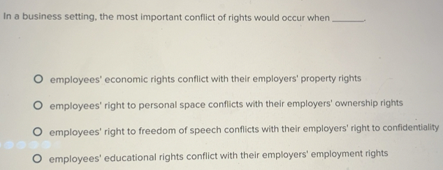 Solved: In a business setting, the most important conflict of rights ...