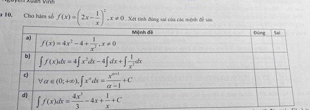 Xuan Vinh
u10. Cho hàm số f(x)=(2x- 1/x )^2,x!= 0. Xét tính đúng sai của các mệnh đề sau