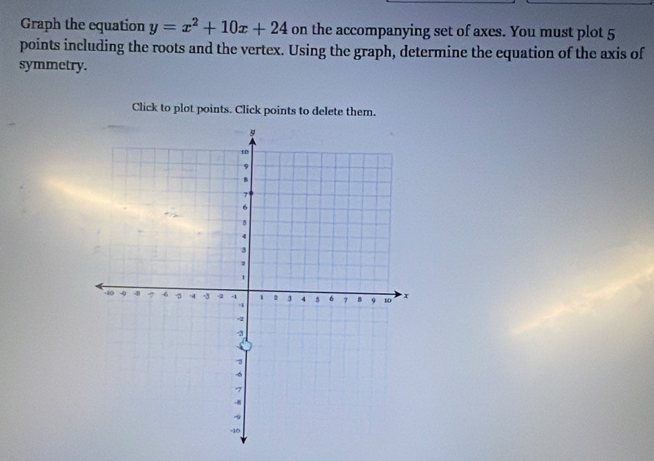 Graph the equation y=x^2+10x+24 on the accompanying set of axes. You must plot 5
points including the roots and the vertex. Using the graph, determine the equation of the axis of 
symmetry. 
Click to plot points. Click points to delete them.