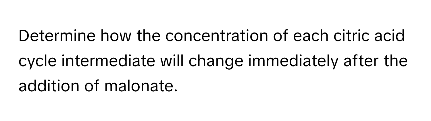 Determine how the concentration of each citric acid cycle intermediate will change immediately after the addition of malonate.