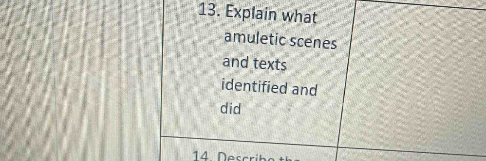 Explain what 
amuletic scenes 
and texts 
identified and 
did 
14 Describo