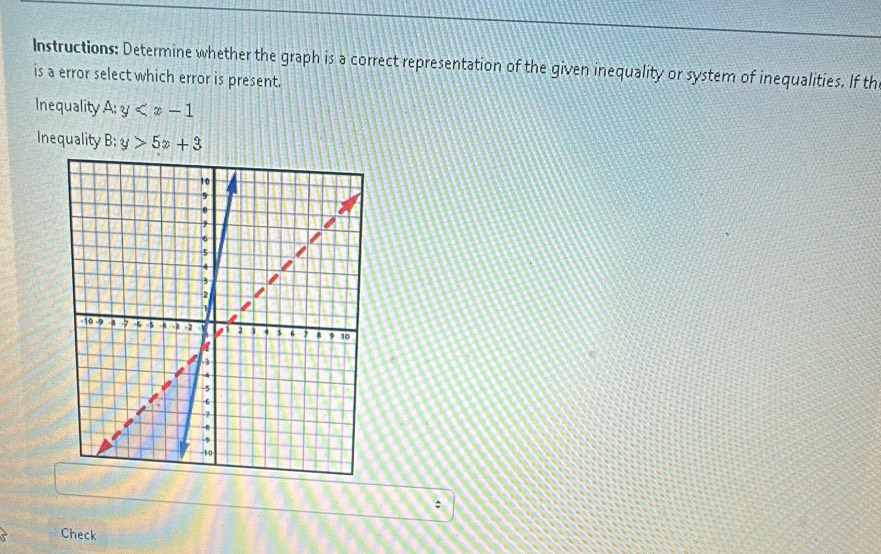 Instructions: Determine whether the graph is a correct representation of the given inequality or system of inequalities. If th
is a error select which error is present.
Inequality A:y
Inequality B:y>5x+3
:
Check