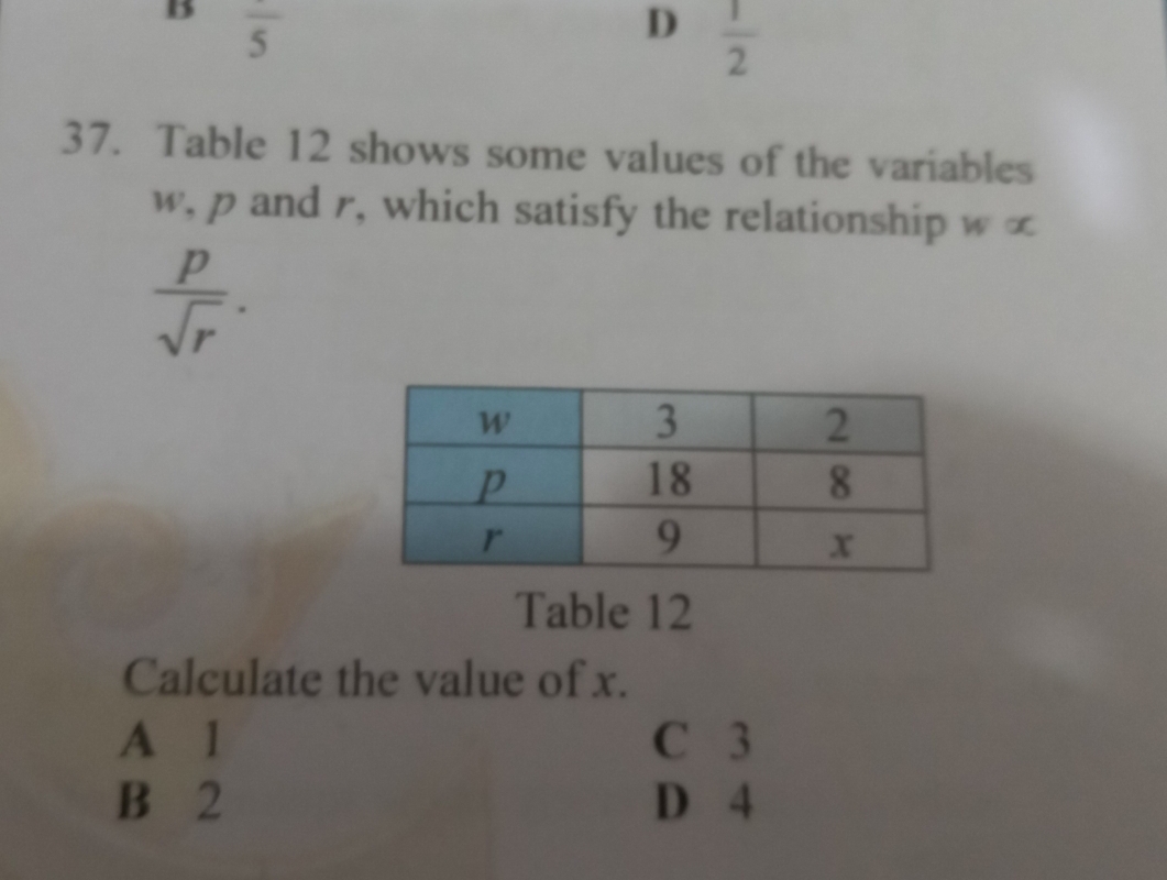 overline 5
D  1/2 
37. Table 12 shows some values of the variables
w, p and r, which satisfy the relationship w ∞
 p/sqrt(r) . 
Table 12
Calculate the value of x.
A 1 C 3
B 2 D 4