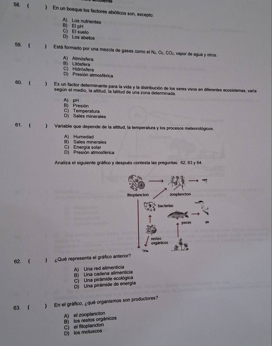 mbiente
58.  ) En un bosque los factores abióticos son, excepto:
A) Los nutrientes
B) El pH
C) El suelo
D) Los abetos
59.  ) Está formado por una mezcla de gases como el N_2, O_2, CO_2 vapor de agua y otros.
A) Atmósfera
B) Litósfera
C) Hidrósfera
D) Presión atmosférica
60. ( ) Es un factor determinante para la vida y la distribución de los seres vivos en diferentes ecosistemas, varía
según el medio, la altitud, la latitud de una zona determinada.
A) pH
B) Presión
C) Temperatura
D) Sales minerales
61.  ) Variable que depende de la altitud, la temperatura y los procesos meteorológicos.
A) Humedad
B) Sales minerales
C) Energia solar
D) Presión atmosférica
Analiza el siguiente gráfico y después contesta las preguntas: 62, 63 y 64
62.  ) ¿ Qué representa el gráfico ante
A) Una red alimenticia
B) Una cadena alimenticia
C) Una pirámide ecológica
D) Una pirámide de energía
63.  ) En el gráfico, ¿qué organismos son productores?
A) el zooplancton
B) los restos orgánicos
C) el fitoplancton
D) los moluscos