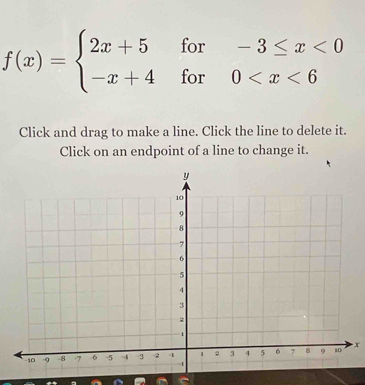 f(x)=beginarrayl 2x+5for-3≤ x<0 -x+4for0
Click and drag to make a line. Click the line to delete it. 
Click on an endpoint of a line to change it.
x