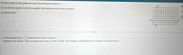 The two points on the graph are given by the linear function f
a. Use the two points to find the equation that represents the linear function f
i. What is 1(5)?
a. The equattion f(x)=□ represents the linear function f.
(Simplify your answer. Type an expression using x as the variable. Use integers or fractions for any numbers in the expression)