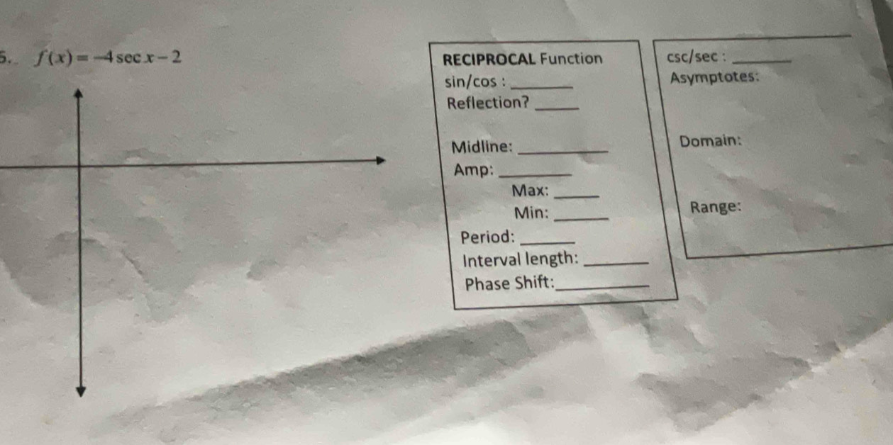 f(x)=-4sec x-2 RECIPROCAL Function csc/sec :_
sin/cos : _Asymptotes: 
Reflection?_ 
Midline: _Domain: 
Amp:_ 
Max:_ 
Min:_ Range: 
Period:_ 
Interval length:_ 
Phase Shift:_