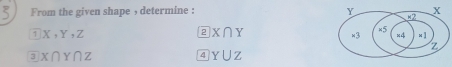 From the given shape , determine : Y ×2 X
1 X, Y, Z
2 X∩ Y
×5
×3 ×4 × ]
Z
3 X∩ Y∩ Z
4 Y∪ Z