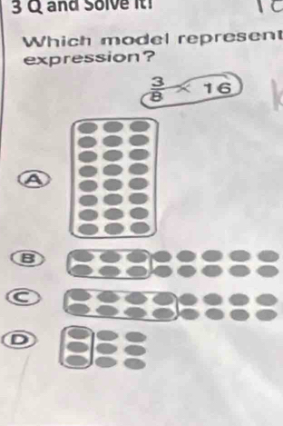 and Solve it
Which model represent
expression?
 3/8 * 16
B
C 5 183 3888
D