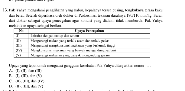 Pak Yahya mengalami penglihatan yang kabur, kepalanya terasa pusing, tengkuknya terasa kaku
dan berat. Setelah diperikasa oleh dokter di Puskesmas, tekanan darahnya 190/110 mm/hg. Saran
dari dokter sebagai upaya pencegahan agar kondisi yang dialami tidak memburuk, Pak Yahya
melakukan upaya sebagai berikut.
Upaya yang tepat untuk mengatasi gangguan kesehatan Pak Yahya ditunjukkan nomor ... .
A. (I), (II), dan (III)
B. (I), (III), dan (V)
C. (II), (III), dan (IV)
D. (II), (III), dan (V)