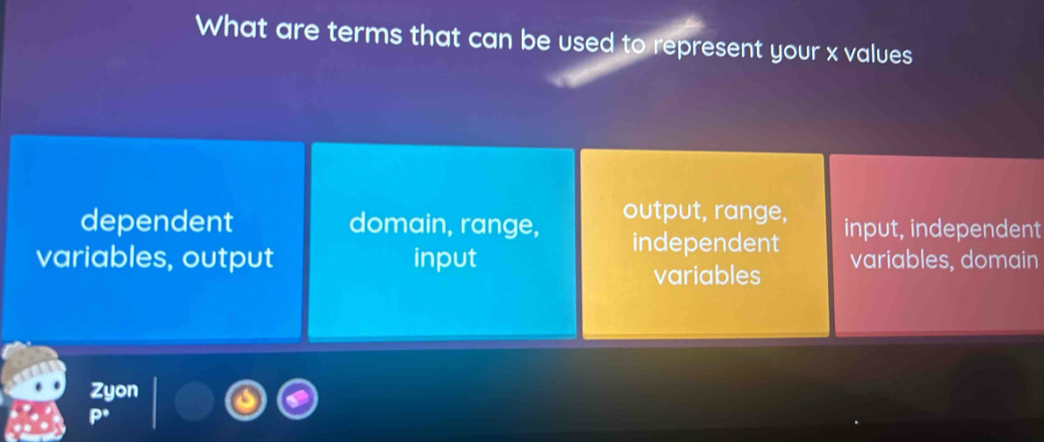 What are terms that can be used to represent your x values
output, range,
dependent domain, range, independent input, independent
variables, output input variables, domain
variables
Zyon