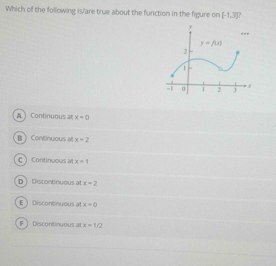 Which of the following is/are true about the function in the figure on [-1,3]
A Continuous at x=0
B Continuous at x=2
C  Continuous at x=1
D Discontinuous at x=2
E  Discontinuous at x=0
FDiscontinuous at x=1/2