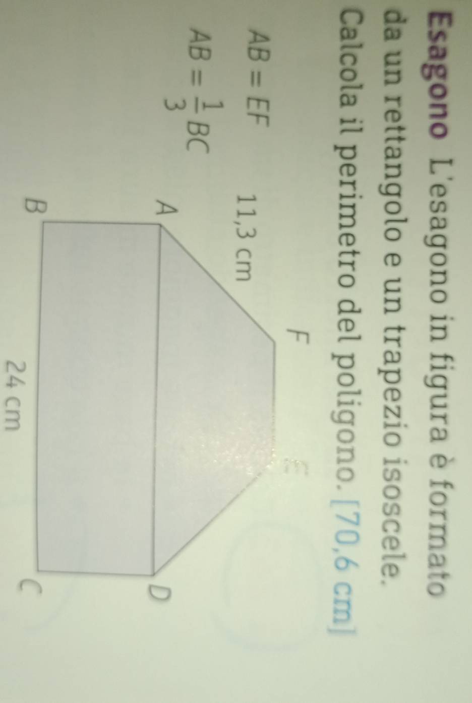 Esagono L'esagono in figura è formato 
da un rettangolo e un trapezio isoscele. 
Calcola il perimetro del poligono. [70,6 cm ]
AB=EF
AB= 1/3 BC
24 cm