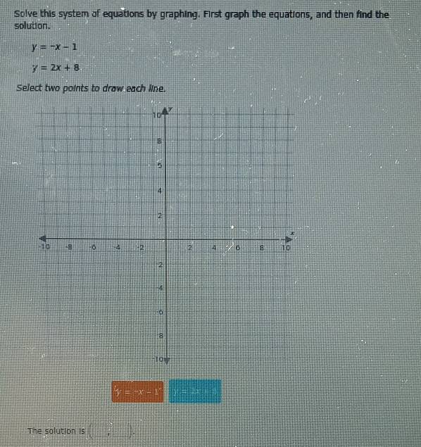 Solve this system of equations by graphing. First graph the equations, and then find the 
solution.
y=-x-1
y=2x+8
Select two points to draw each line.
Y=-x-1 y=x+
The solution is (_ ,_ ).